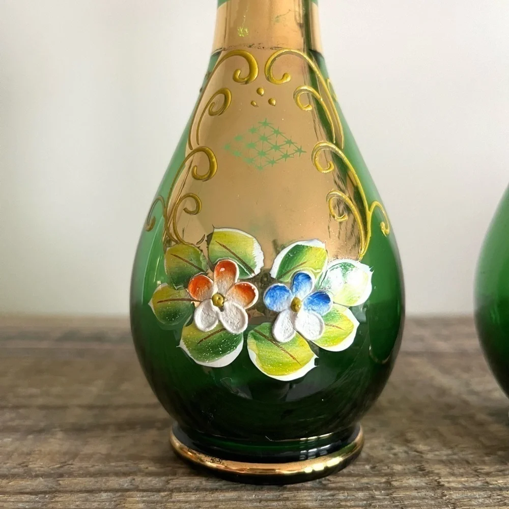 Vintage Bohemian Czech emerald green glass vases set of 2